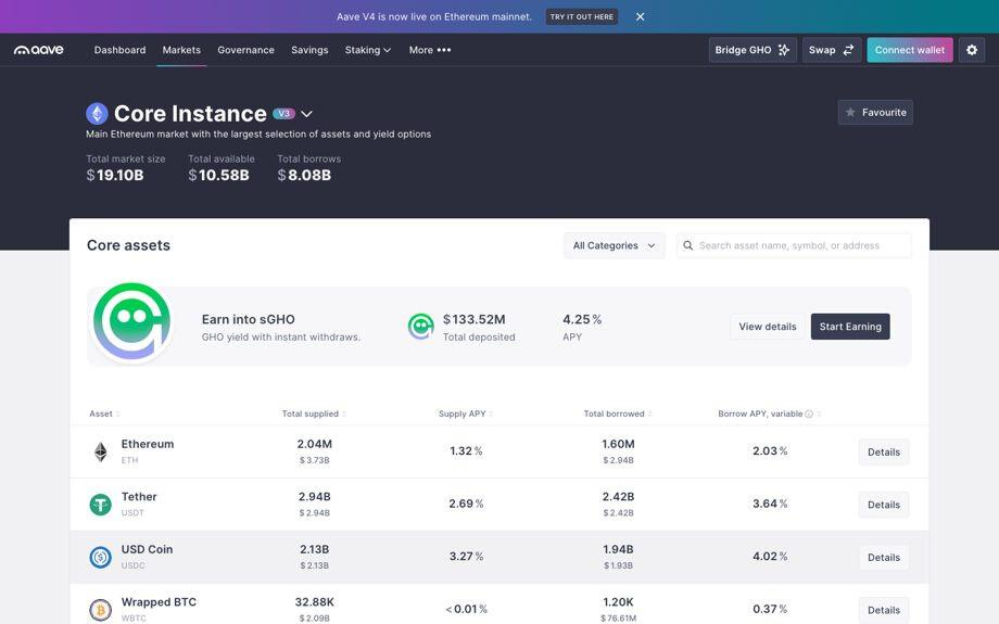 Tela de mercados do app da Aave mostrando ETH, USDT, USDC e Wrapped BTC com taxas de depósito e empréstimo