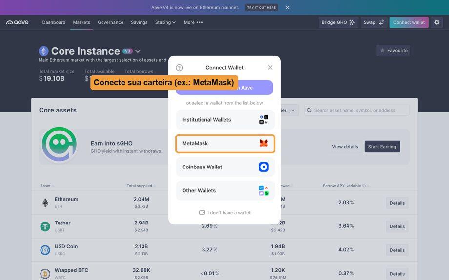 Modal de conexão de carteira da Aave com opções MetaMask, Coinbase Wallet e outras