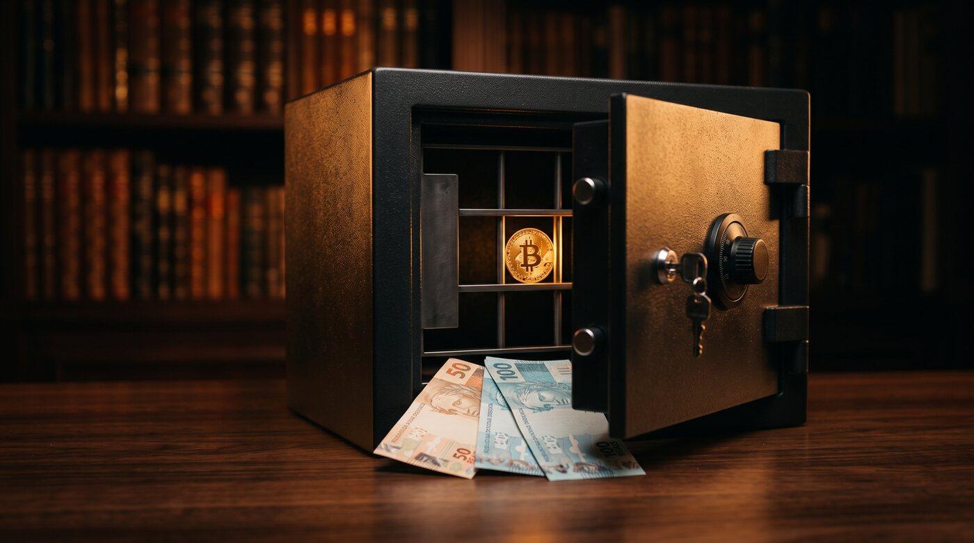 Cofre com uma moeda de bitcoin trancada dentro, ao lado de uma pilha de reais saindo, em mesa escura, representando liquidez sem vender o ativo