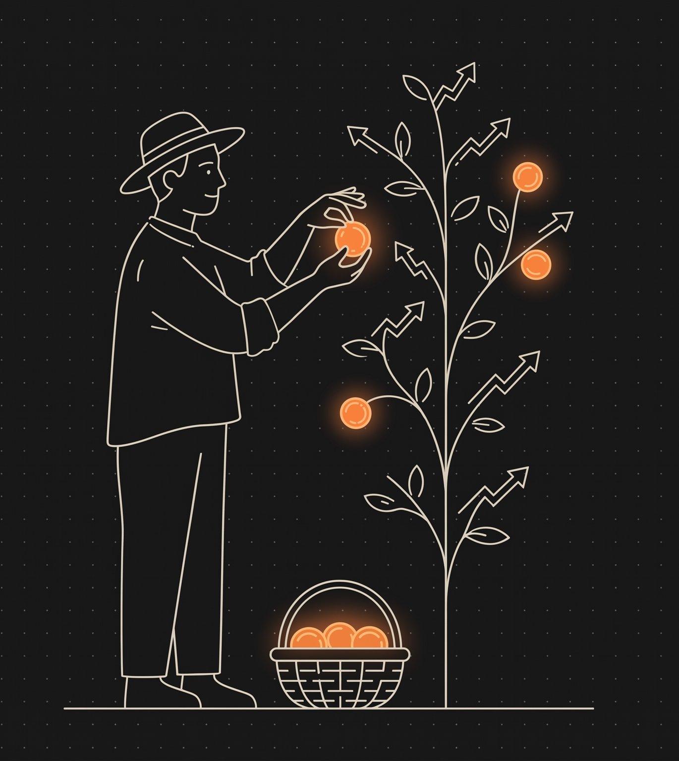 Ilustração de um investidor colhendo uma moeda por vez de uma planta cujos galhos são setas de gráfico em alta, com um cesto de moedas já colhidas na base