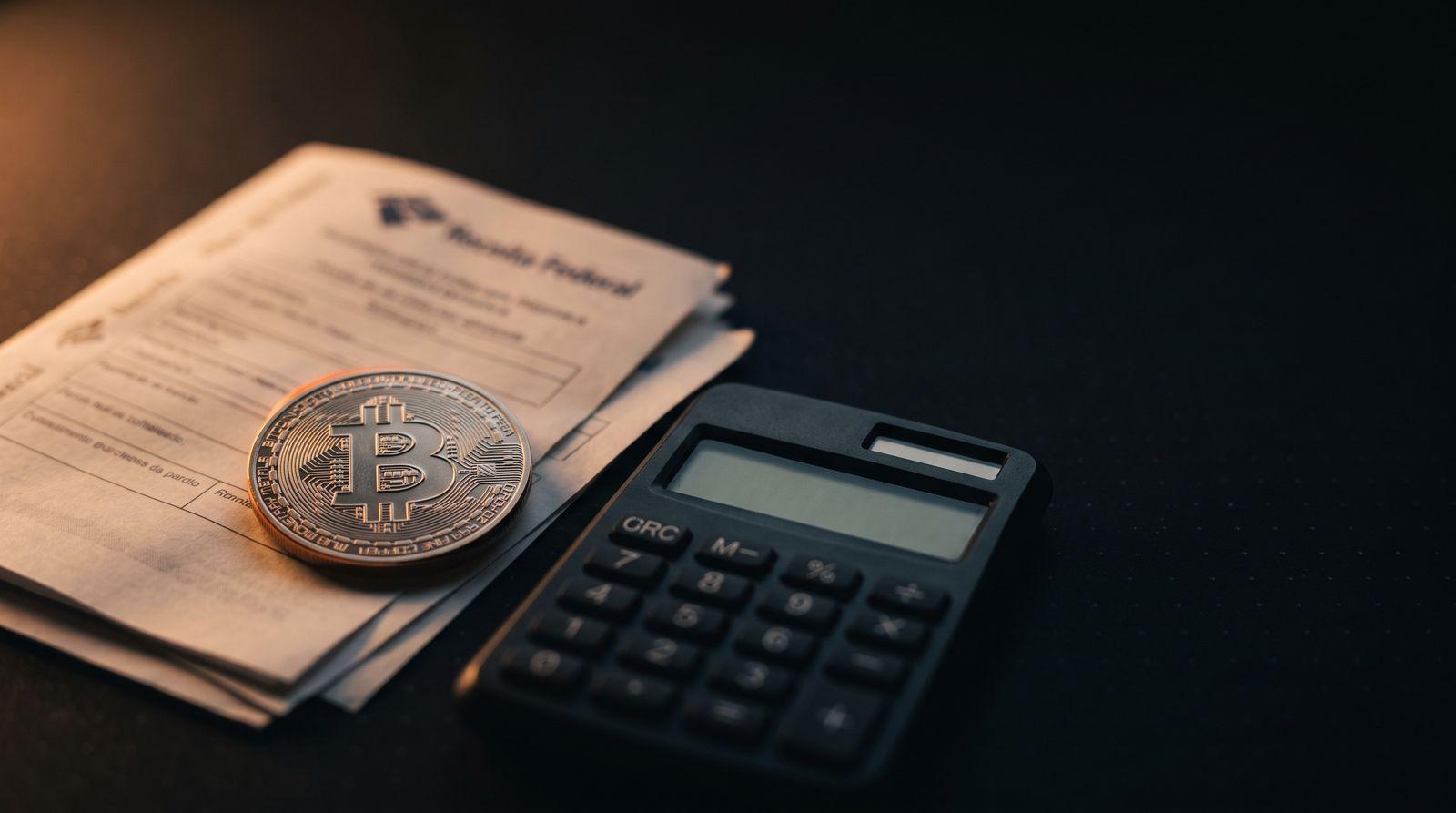 Moeda física de bitcoin sobre documentos da Receita Federal, ao lado de uma calculadora, em uma mesa escura